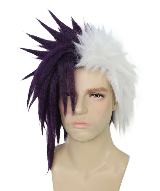 メンズ H-6098 ハーフパープル & ホワイト日本アニメ ハロウィン コスチューム ウィッグ ハロウィンに最適 難燃性合成繊維