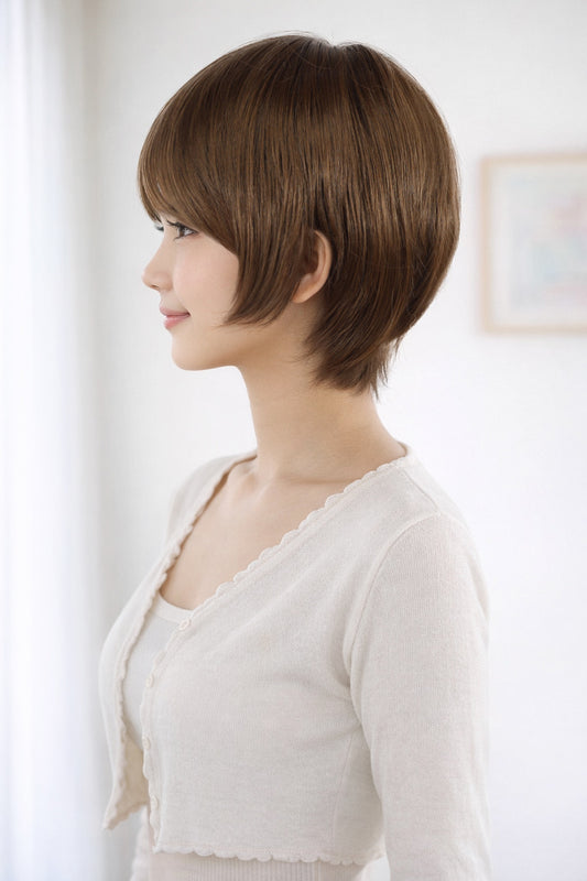 Wigs2you W-1016のショートヘアスタイルは、ボーイッシュにもナチュラルにも簡単にスタイリングできます。男女問わずお使いいただけ、細見え効果も期待できます。ウィッグネット付き。