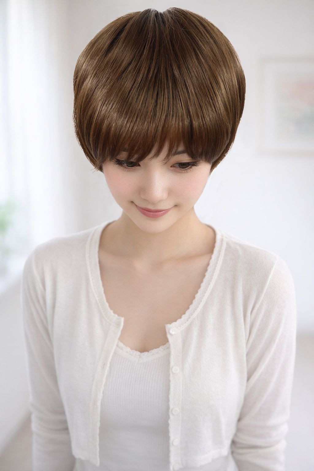 Wigs2you W-1016のショートヘアスタイルは、ボーイッシュにもナチュラルにも簡単にスタイリングできます。男女問わずお使いいただけ、細見え効果も期待できます。ウィッグネット付き。