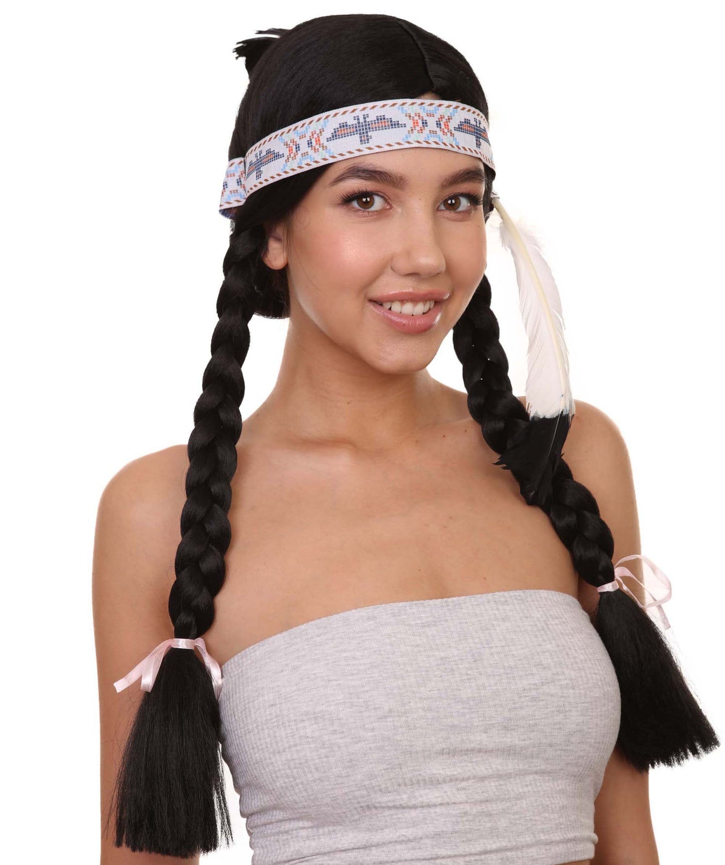 ネイティブアメリカン プリンセスウィッグ ヘッドバンド付き H-4654 ブラック編み込み 歴史的ウィッグ プレミアム通気性キャップレスキャップ