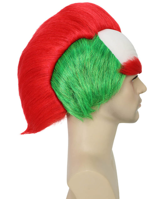 メンズ H-6160 赤と緑のショートコスプレウィッグ 眉毛付き ハロウィンに最適 難燃性合成繊維