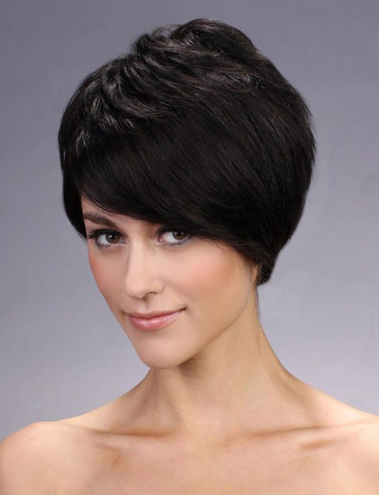 HH-104、 100% 人毛、サイドバング付きのふわふわショートレイヤードトッパー。