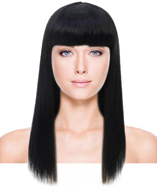 女性 18インチ シルキーな中程度のストレート長さ ディーバウィッグ 黒 H-5378_12 合成繊維の髪 バングス付き ハロウィーン パーティーウィッグ