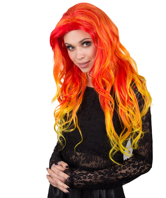 ウィメン レッド&イエロー ウェービー ロングレングス トレンディ フレーミングビューティウィッグ H-5312 プレミアムハロウィンウィッグ