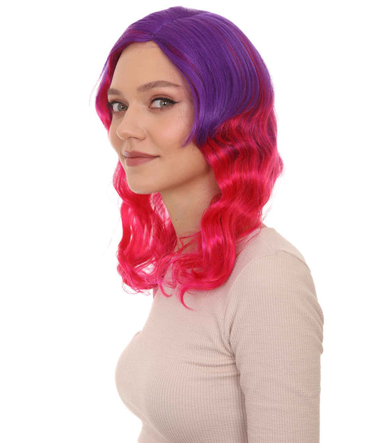 ハロウィンパーティ プレミアム レディース H-4826 ロングウェーブ 2トーン パープルピンクウィッグ プレミアム 通気性抜群 キャップレスキャップ