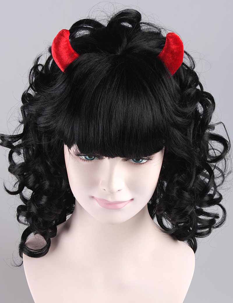 対の悪魔かつら 黒い縮れた怪物性格コスプレ・ハロウィンかつら 割増空気を通すCaplessなキャップH-297