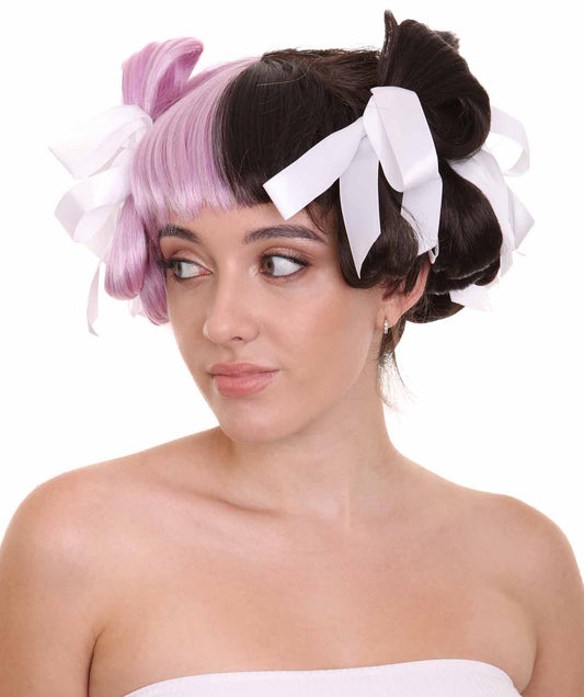 コスプレウィッグ Melanie Mad Hatter ボウスタイル H-3593 マルチカラーセレブリティウィッグ リボン付き プレミアム 通気性の良い キャップレスキャップ