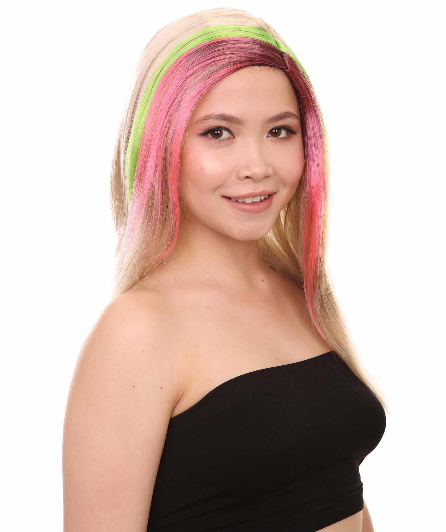 ハロウィンパーティープレミアムレディースH-2564 トライパンクウィッグ マルチカラー セクシーコスプレパーティーウィッグ プレミアム通気性のキャップレスキャップ