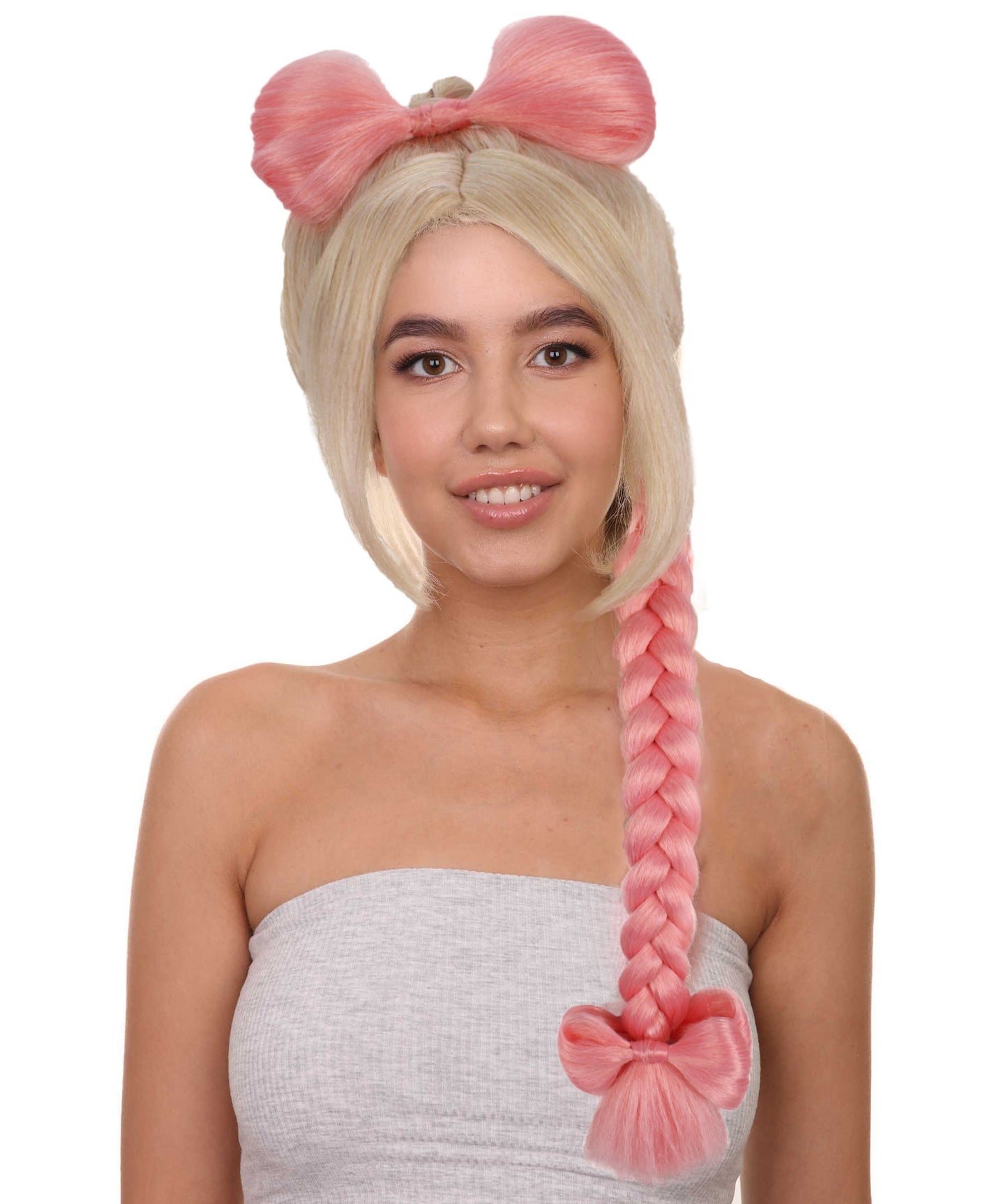 女性用 H-5847 ピンクとブロンド ソミ ブレイデッド ポニーテール ウィッグ ハロウィンに最適 難燃性合成繊維