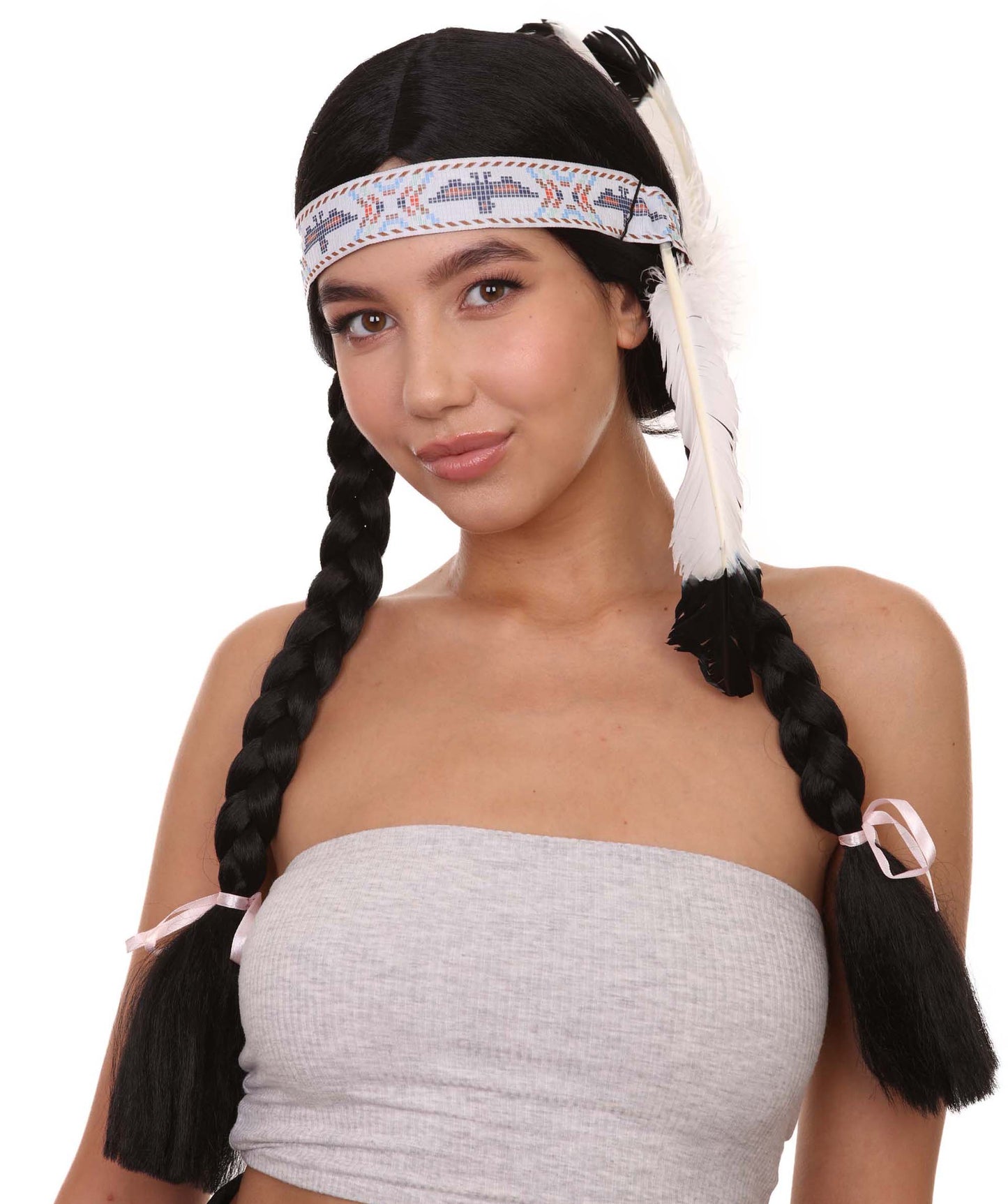 ネイティブアメリカン プリンセスウィッグ ヘッドバンド付き H-4654 ブラック編み込み 歴史的ウィッグ プレミアム通気性キャップレスキャップ