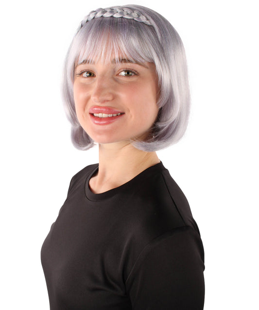 女性用H-5876 ライトパープル ボブスタイル アニメ ウィッグ バングスとブレイド付き ハロウィンに最適 難燃性合成ファイバー