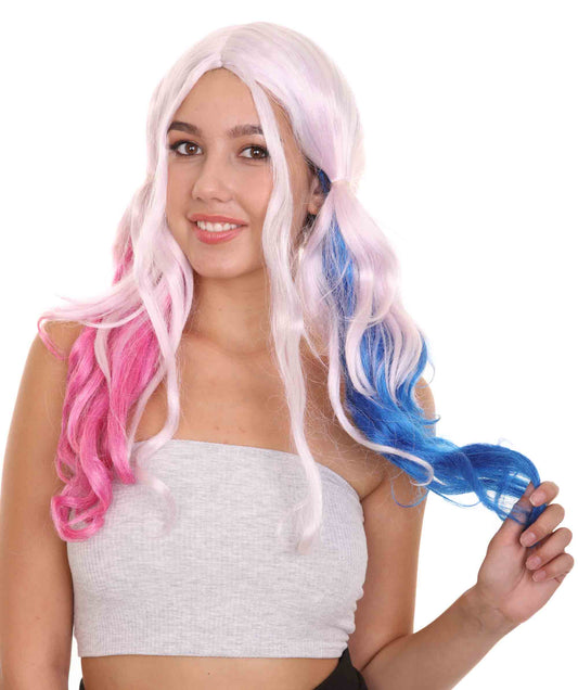 ハロウィンパーティープレミアム H-2560 ハーレークインのカーリーロングフリンジコスプレウィッグ 華麗なレディースウィッグでのダッパーからダッシングへの変身