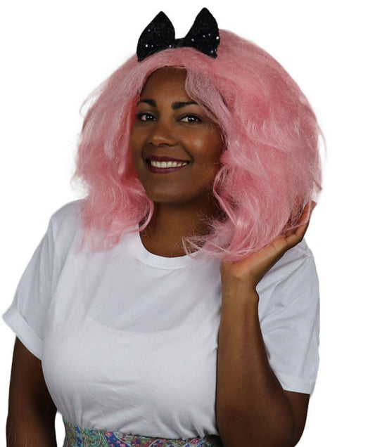 ハロウィーンパーティープレミアムレディースH-3644 メガライトピンクアフロクラウンウィッグ リボン付き