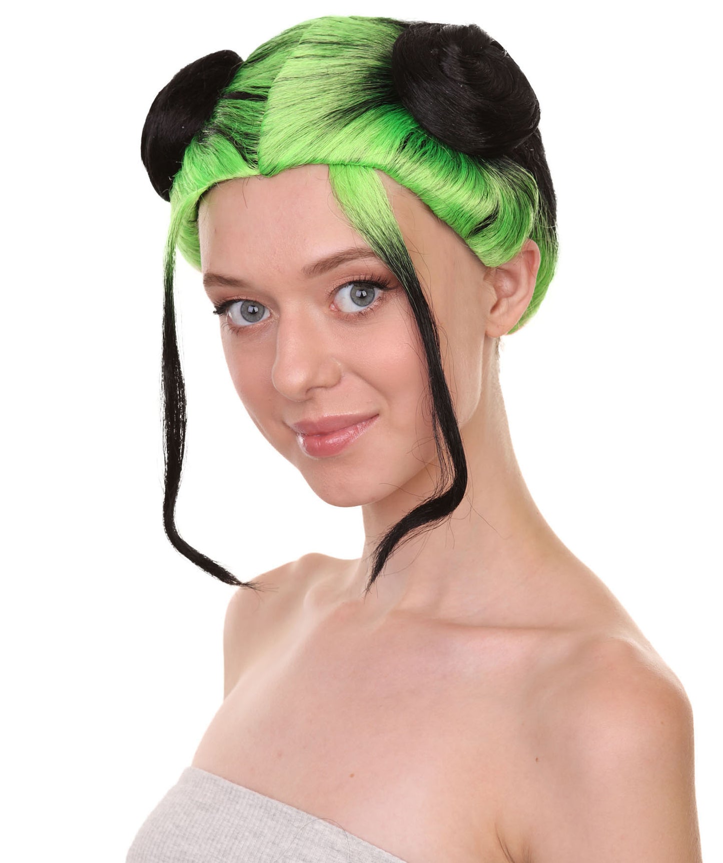 Wigs2you H-5476 Billie Eilish Adult Green Double Bun Wig | Cosplay Costume Prop, Fun Event, Party, Recital Decoration, Bow Accessory, Stylish and Cute Gift for Men, Women, and Kids, Green and Black Sad-Pop Space Bun