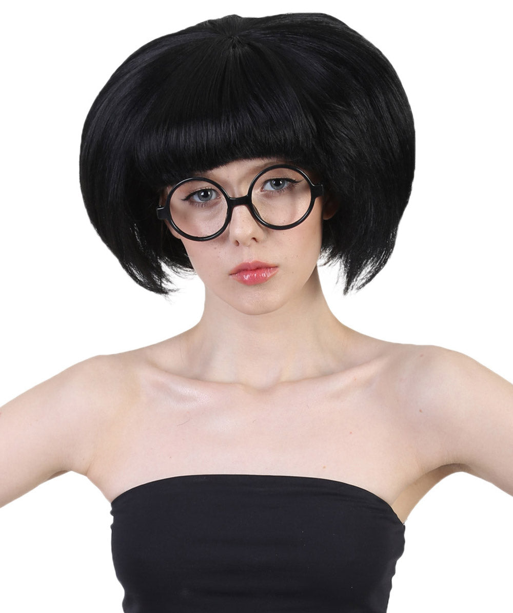 Incredibles 2 ファッションデザイナー Edna Mode グラスセット付き H-3844 ブラック カラーボブ バング&グラス ハロウィンウィッグ 通気性の良い キャップレスキャップ