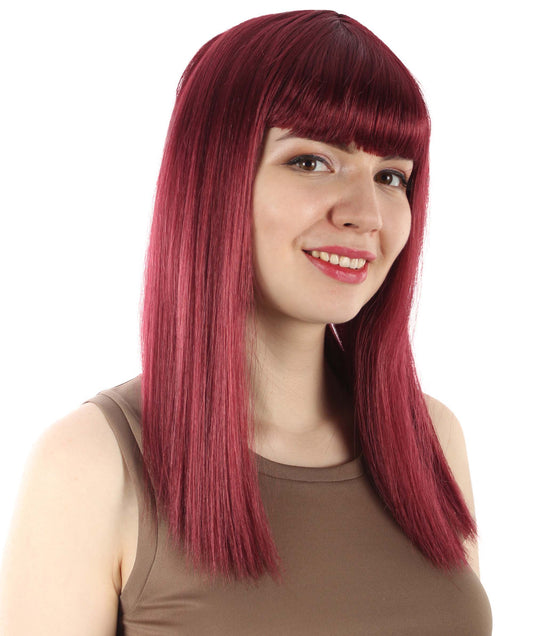 女性 18インチ シルキーな中程度のストレート長さ ディーバウィッグ バーガンディ H-5378_18 合成繊維の髪 バングス付き ハロウィーン パーティーウィッグ