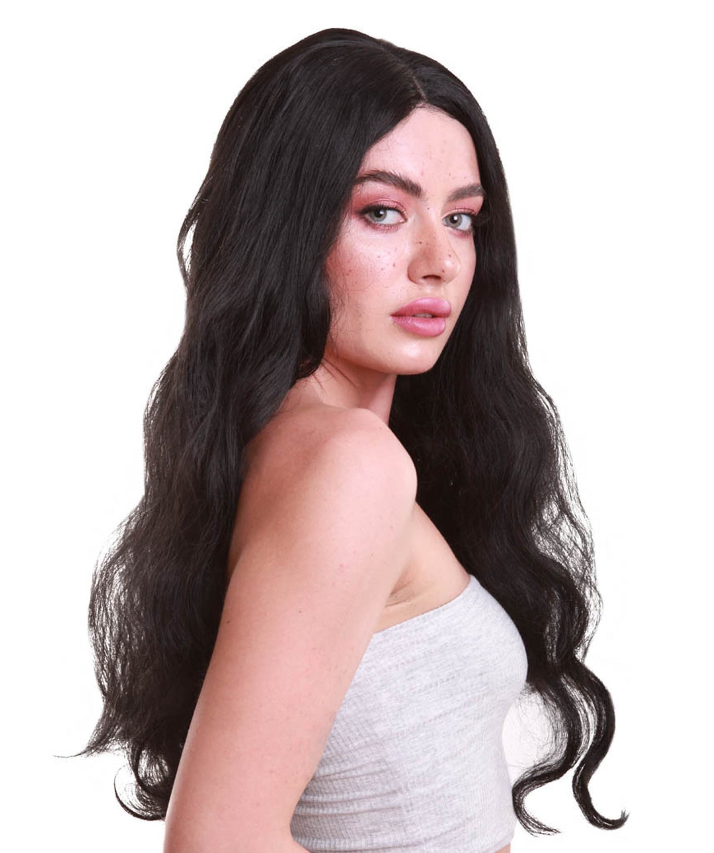 女性 ロング カーリー センターパーティング ブラック ウィッグ H-5094 プレミアム 通気性の良いキャップレスキャップ