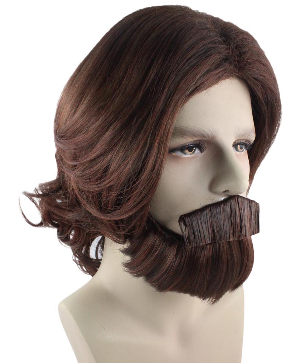 ブラウン カーリー ウェーブ 男性 ウィッグ & ビアード セット H-2361 コスプレ ハロウィン ウィッグ プレミアム 通気性のあるキャプレスキャップ