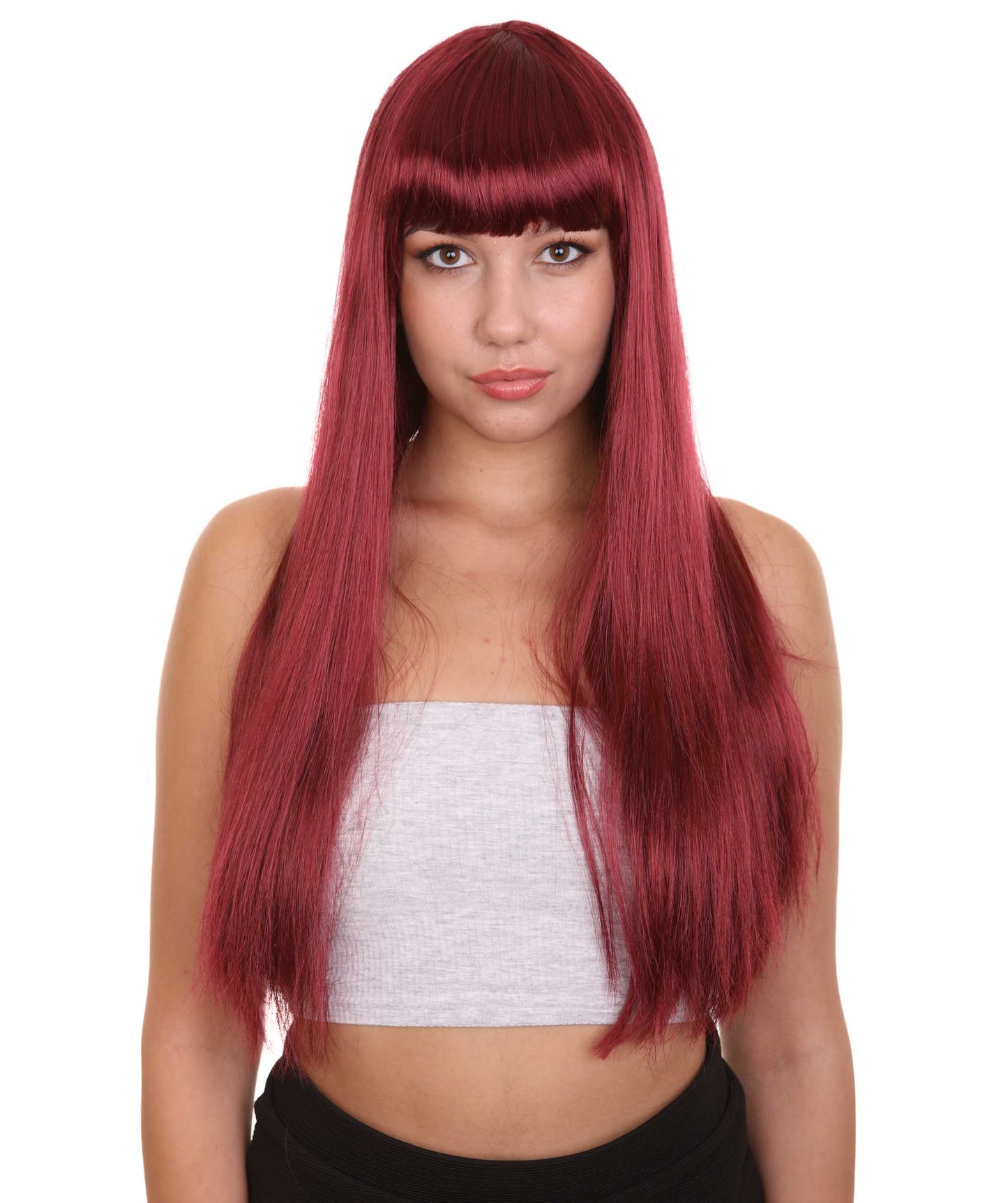 ロングボブバーガンディ女性用ウィッグ H-3336 華やかなパーティーイベント準備完了のハロウィンウィッグ プレミアム通気性のあるキャップレスキャップ