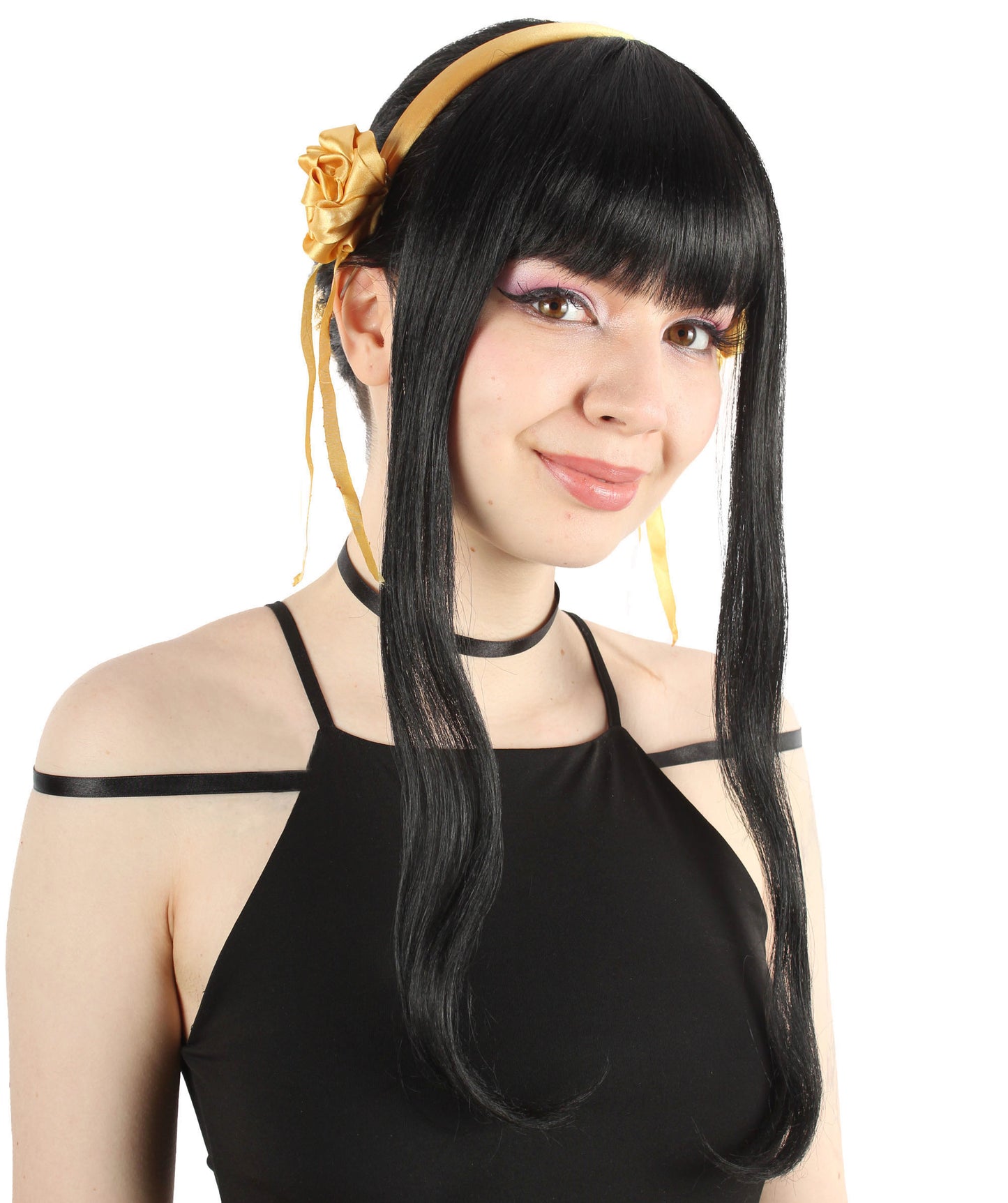 大人向け女性用 H-5806 日本のアニメシリーズ ロング ブラック ストレート ウィッグ ヘッドピース付き ハロウィンに最適 難燃性合成ファイバー