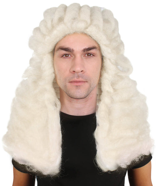 男性用コロニアル裁判官ウェービーカーリーロングホワイトウィッグ H-4334 プレミアム通気性キャップレスキャップ