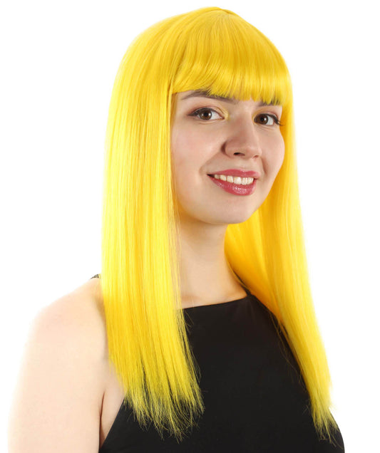 女性 18インチ シルキーな中程度のストレート長さ ディーバウィッグ イエロー H-5378_3 合成繊維の髪 バングス付き ハロウィーン パーティーウィッグ