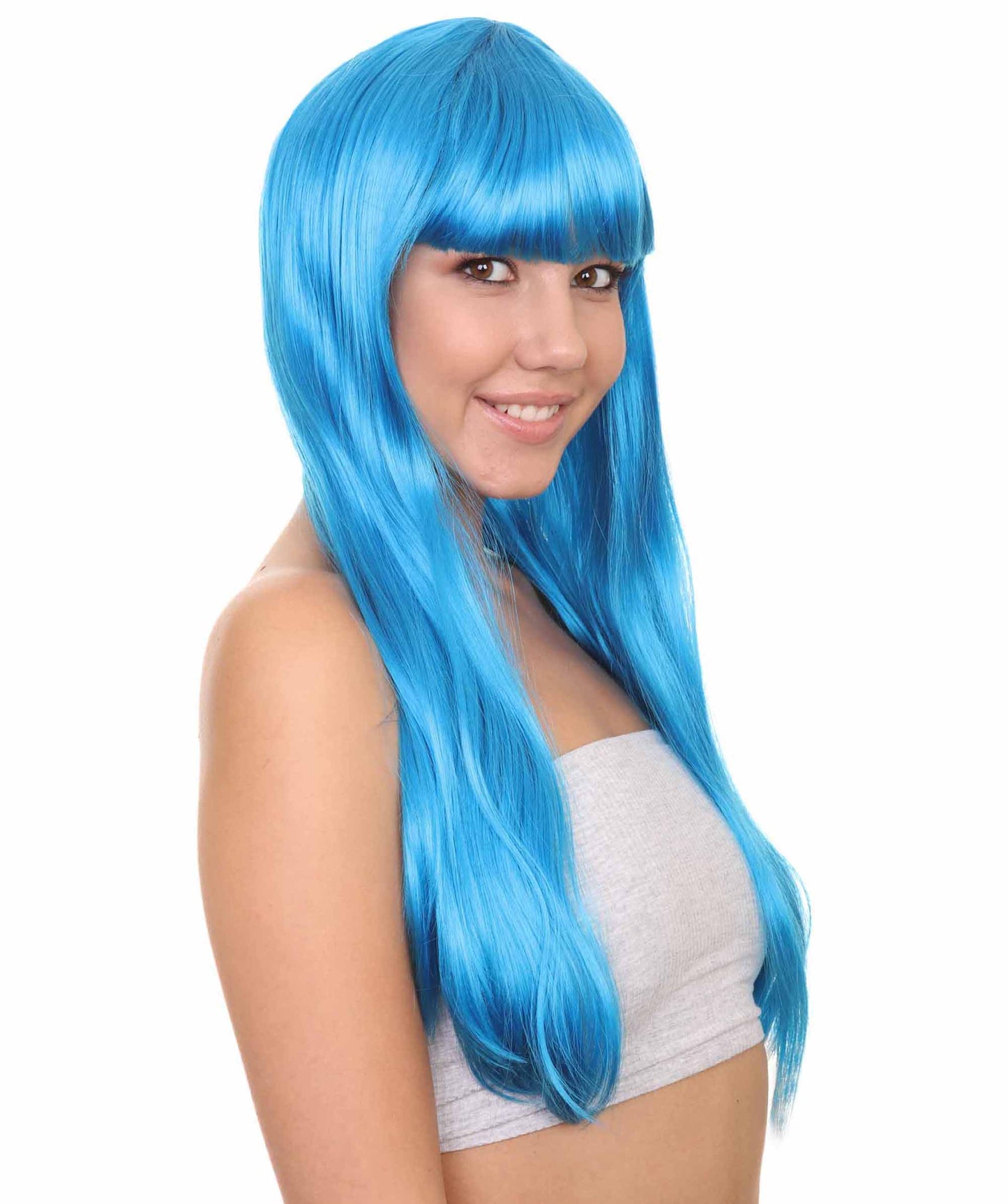 女性用 ロング ボブ ネオンブルー ウィッグ H-3360 ファンシー パーティー イベント レディ ハロウィン ウィッグ プレミアム通気性 キャプレス キャップ