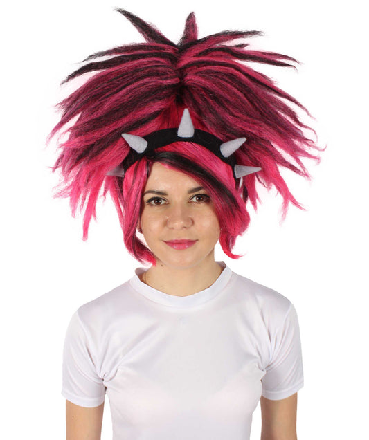 ハロウィンパーティープレミアムレディ H-5485 ピンクブラック パンクプリンセストロールロックウィッグ (黒バンドとグレイホーン付き)