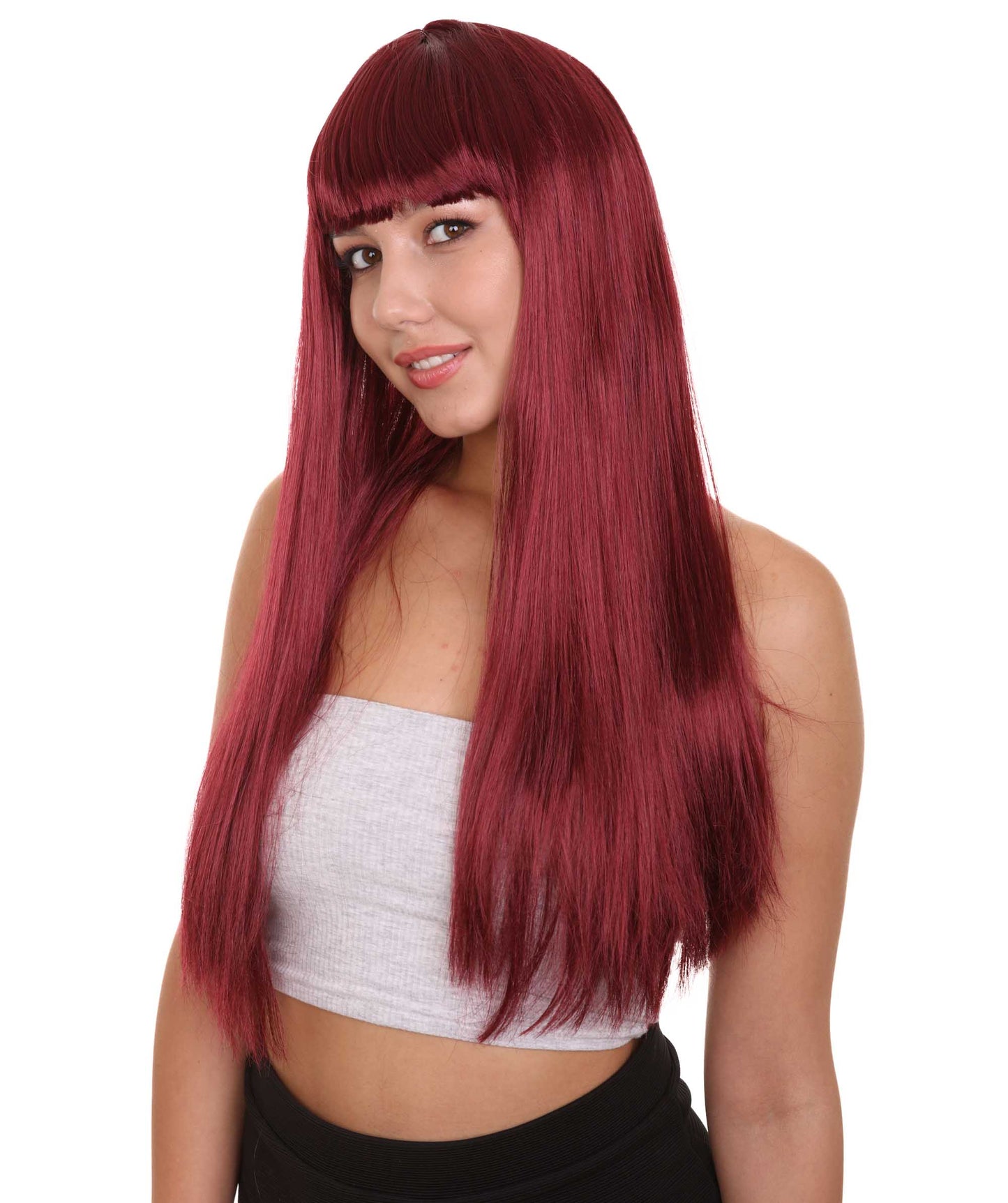 ロングボブバーガンディ女性用ウィッグ H-3336 華やかなパーティーイベント準備完了のハロウィンウィッグ プレミアム通気性のあるキャップレスキャップ