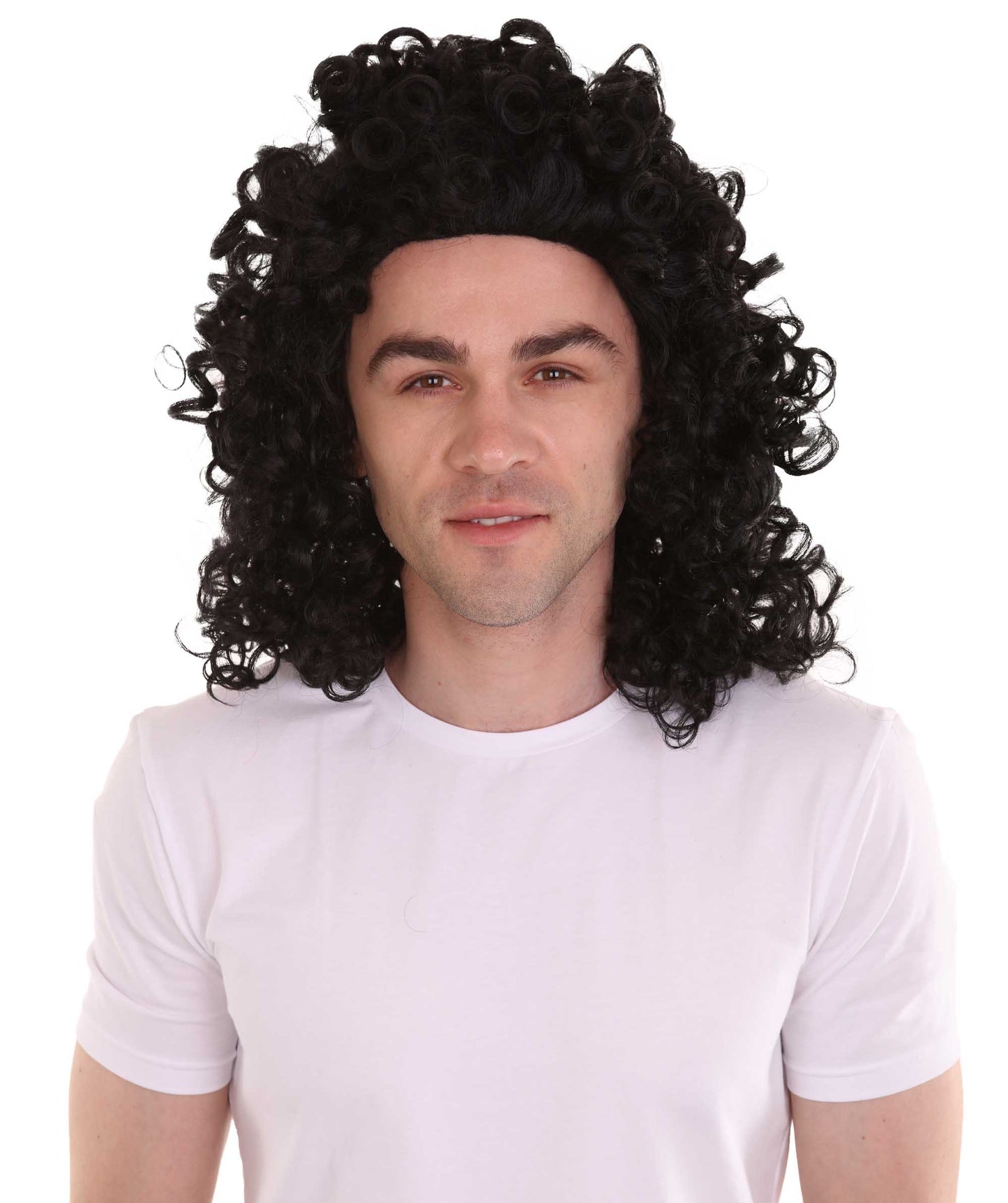 ハロウィンパーティ 男性用 H-4280 カーリーロックスターウィッグ 黒 プレミアム通気性キャップレスキャップ