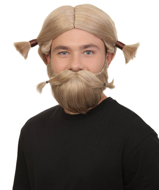 メンズ H-6045 中世スコットランド アニメ映画ロード ブロンド ピグテール ウィッグ 口ひげとあごひげ付き ハロウィンに最適 難燃性合成繊維
