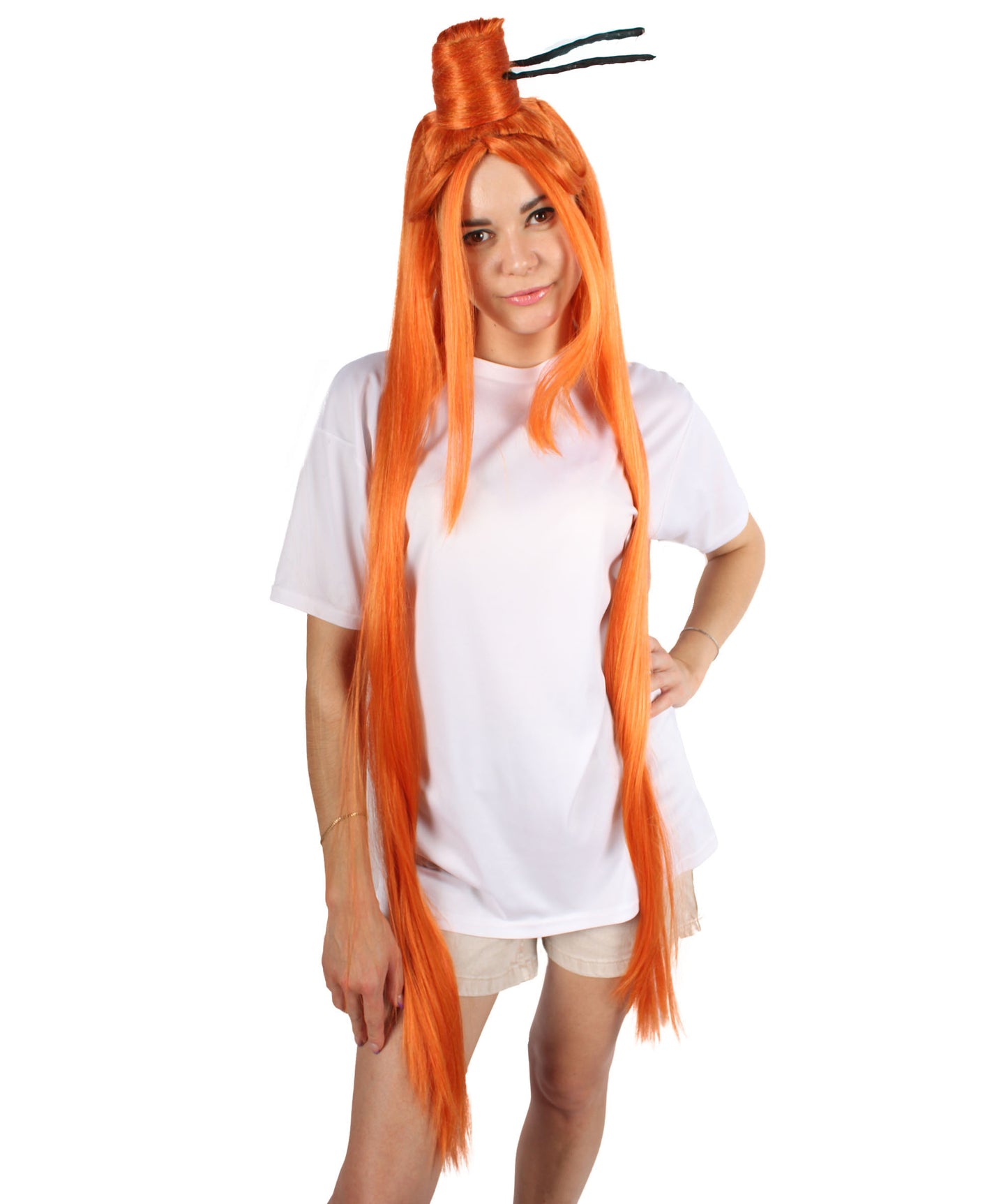 プレミアムレディースH-5919 ラップクイーン ロングオレンジウィッグ ハロウィンやコスプレに最適 難燃性合成繊維