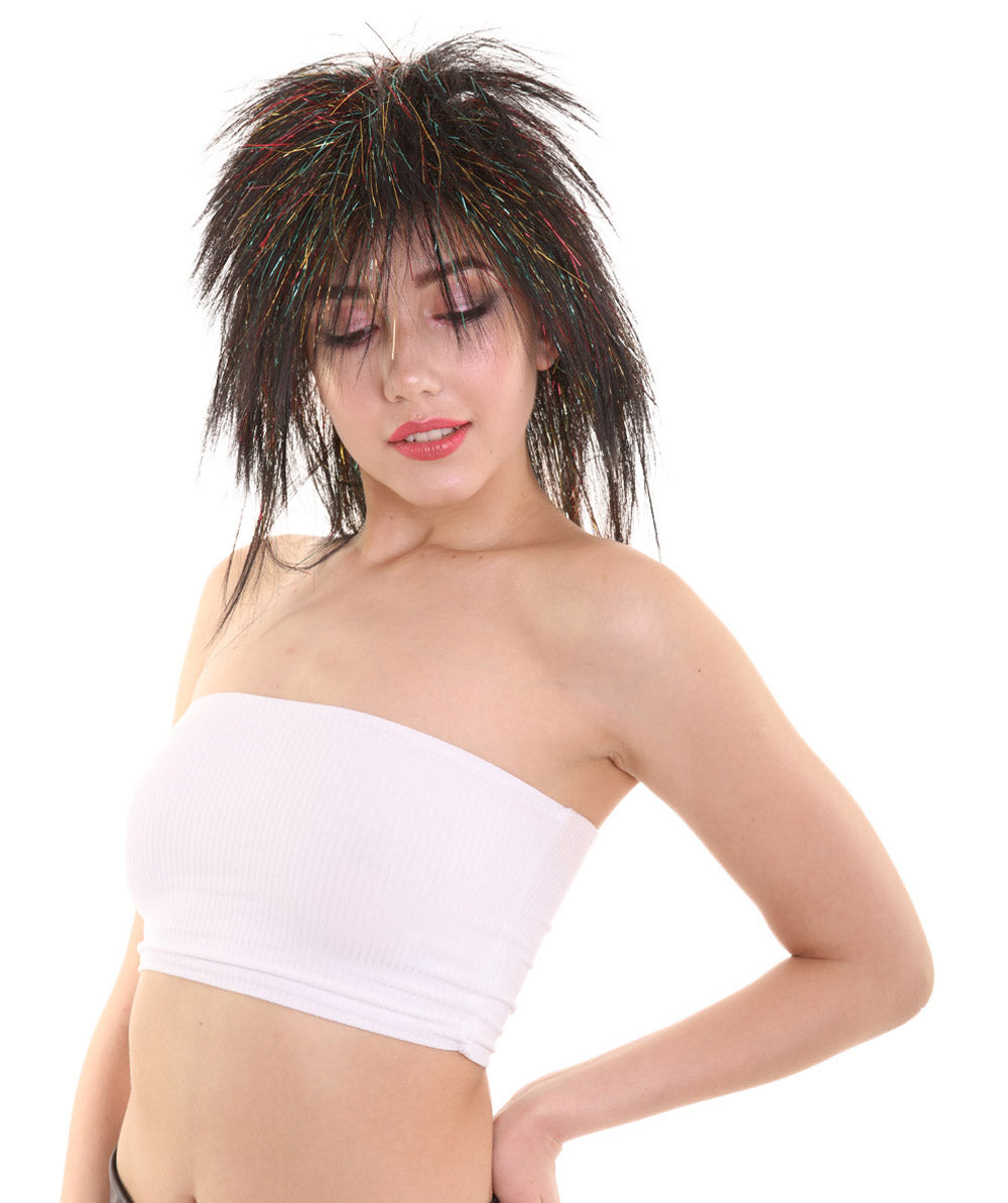 ハロウィンパーティ H-5210 女性用 ロングブラックレイブマレット 金色のキラキラハイライトウィッグ プレミアム 通気性抜群のキャップレスキャップ