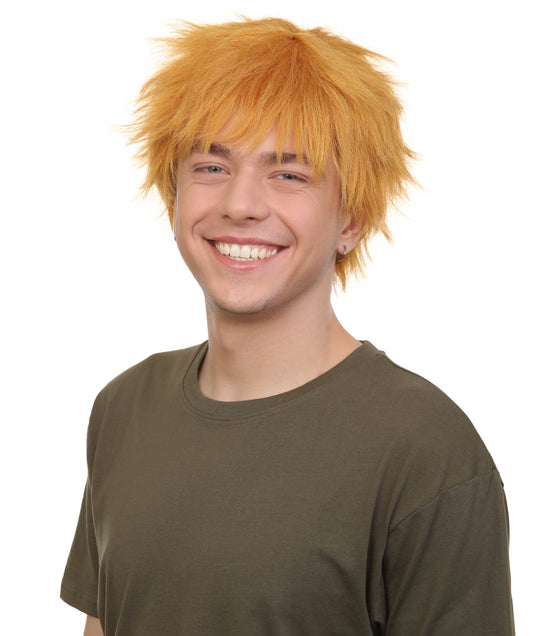 メンズ H-6057 アニメ デビル ハンター チェーンソー ガイ ピンク ブロンド ウィッグ 通気性のある キャップレス デザイン ハロウィンやアニメをテーマにしたグループ パーティーに最適 難燃性合成繊維