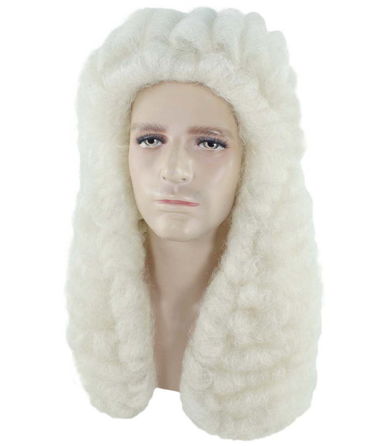 男性用コロニアル裁判官ウェービーカーリーロングホワイトウィッグ H-4334 プレミアム通気性キャップレスキャップ