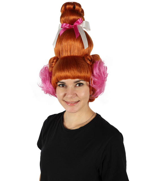 女性用 H-6797 ジンジャージョンソン オレンジ バンウィッグ リボン&耳飾り付き - 難燃性合成繊維ヘア、調節可能なフィット感 - パフォーマンス、コスプレに最適 - ジンジャージョンソンの象徴的なドラッグクイーンスタイルにインスパイアされた大胆で魅力的なウィッグ