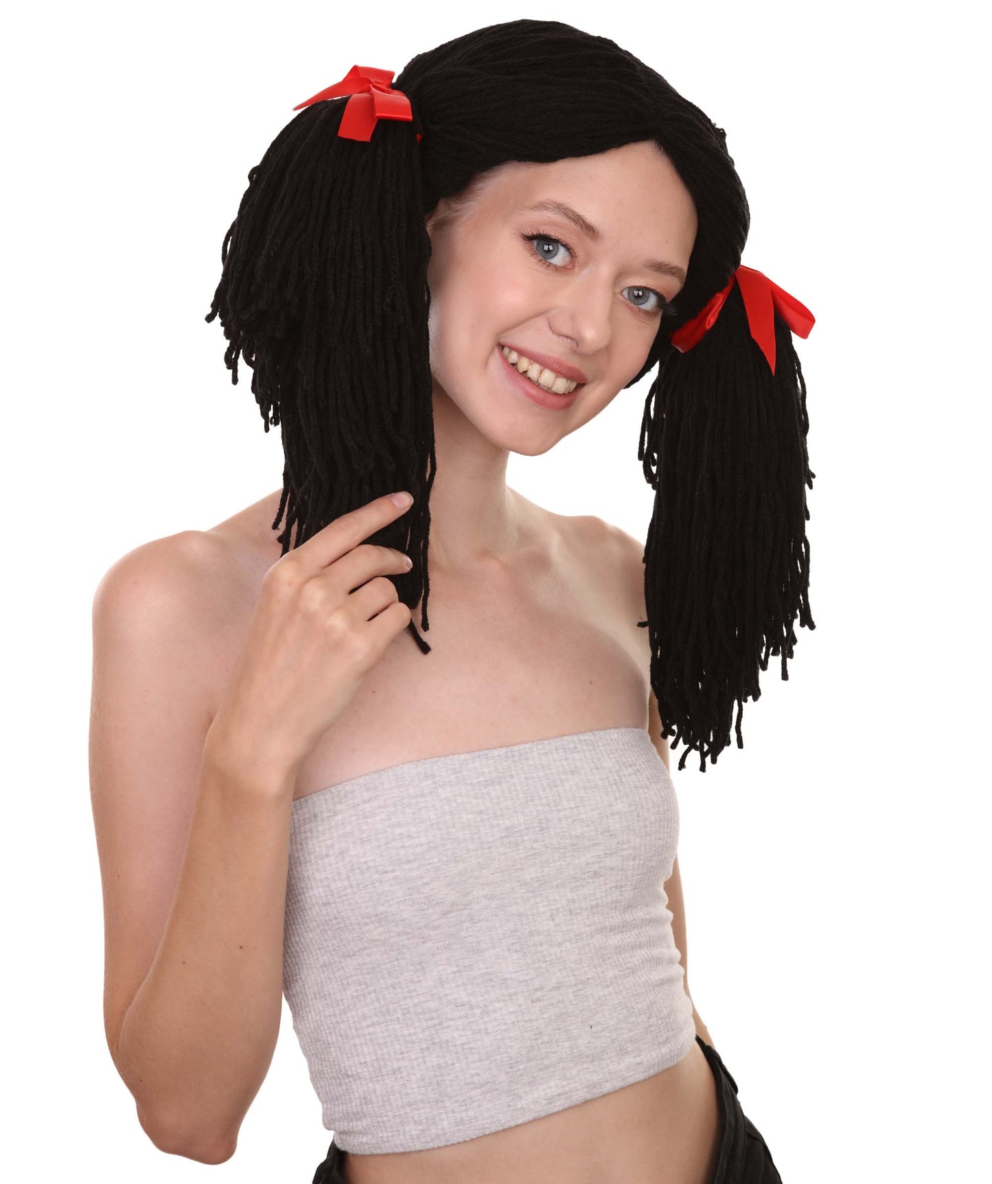ゴシックラグドール女性用ウィッグ H-3418 ホラーハロウィンウィッグ赤リボン付き プレミアム通気性のあるキャップレスキャップ