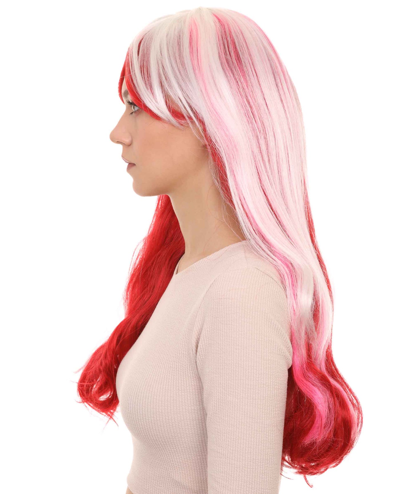 ウィメンズ ファッション レディ コスプレ ロング カーリーウェービー ホワイト&レッド ウィッグ H-4764 ホワイト&レッド パーティーウィッグ プレミアム通気性の良いキャップレスキャップ