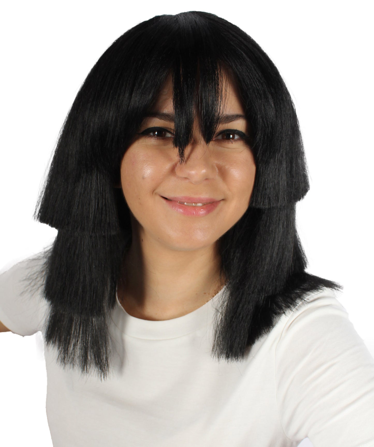 女性用 H-5834 マルチレイヤー ストレート ブラック ウィッグ バングス付き ハロウィンに最適 難燃性合成繊維