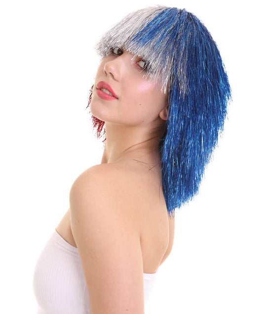ハロウィンパーティ H-5219 女性用 シルバー、赤、青 全てのティンセル シャグウィッグ プレミアム 通気性抜群のキャップレスキャップ
