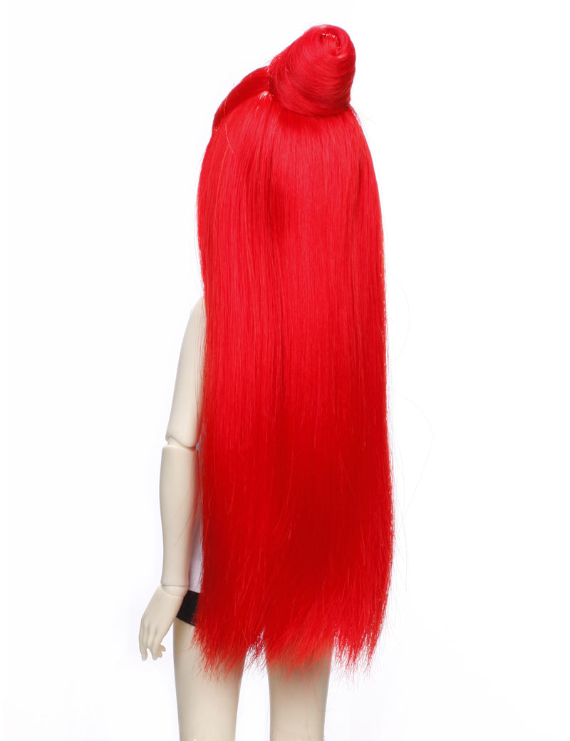 トップに大きなチュニョンを持つ素晴らしいロングストレートヘアの人形のウィッグ W-658 ネオンレッドの色