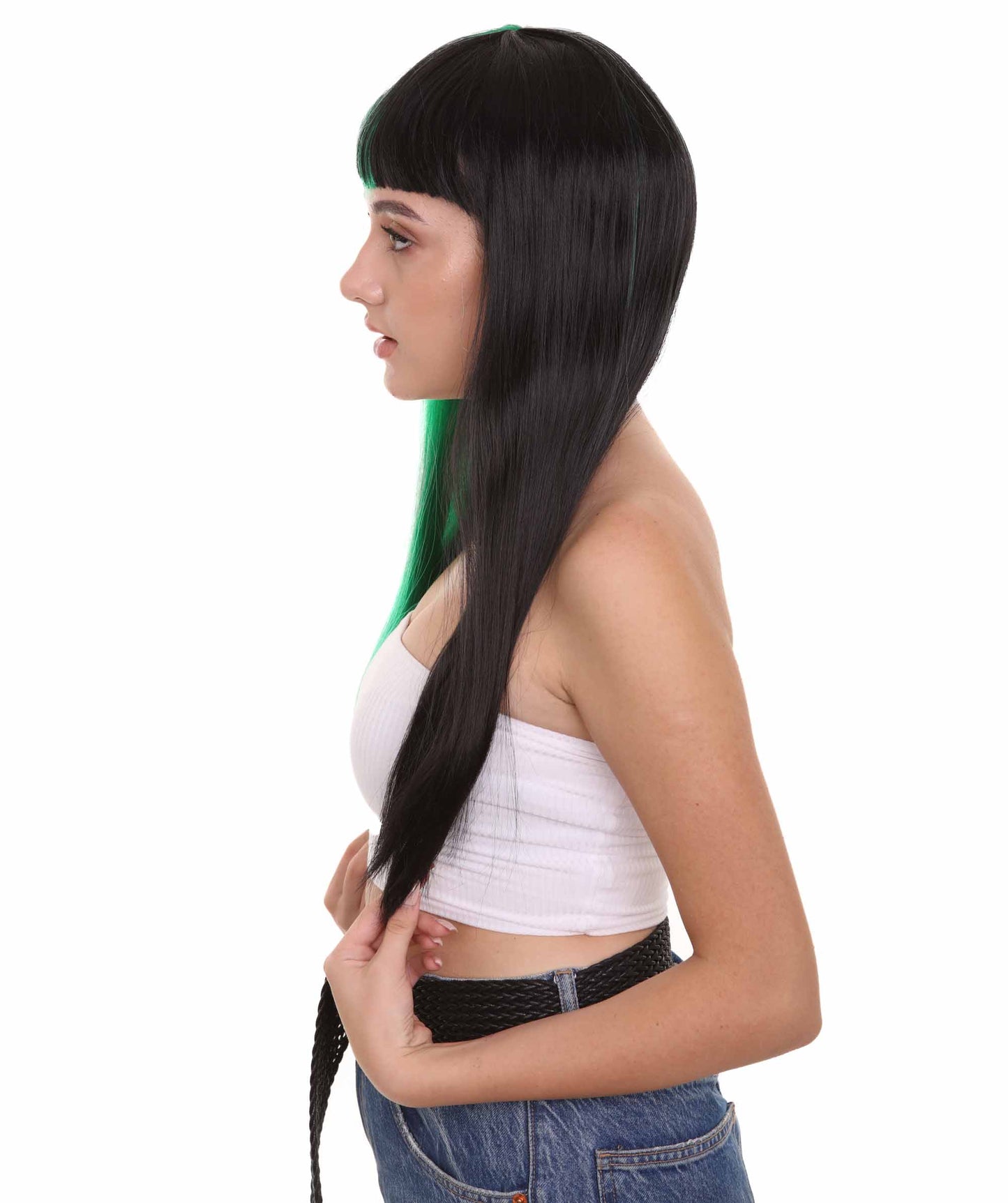 ハロウィンパーティープレミアムレディース H-4112 トーントーングリーン&ブラックロングボブウィッグコレクション