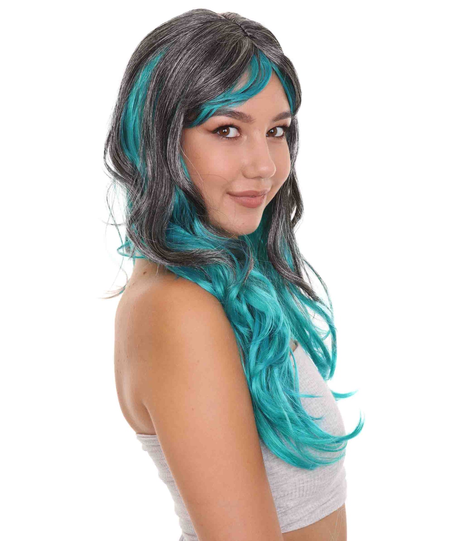 Wigs2you ハロウィンパーティープレミアムレディース H-1864 華やかに見えるツートーングレー&ブルーカールウィッグ