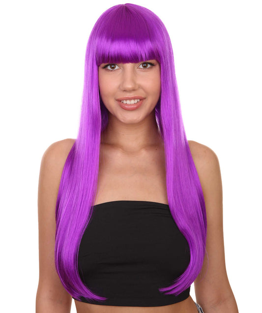 ロングボブネオンパープル女性用ウィッグ H-3361 華やかなパーティーイベント準備完了のハロウィンウィッグ プレミアム通気性のあるキャップレスキャップ