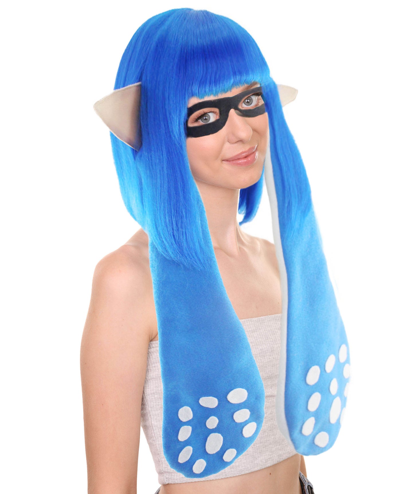 ハロウィンパーティ プレミアムレディース H-4717 スプラトゥーン ブルーインクリングガール ブルーウィッグと耳、マスクセット