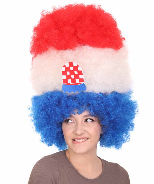 クロアチアフラッグ スポーツパーティージャンボアフロウィッグ H-3972 プレミアム 通気性の良い キャップレスキャップ