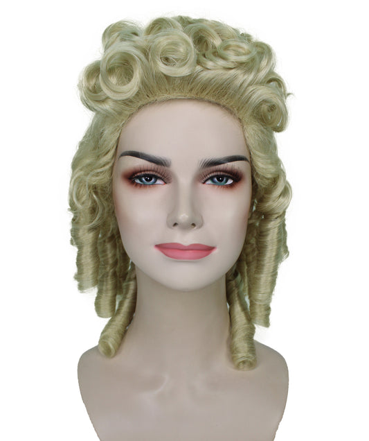 レディース コロニアルブロンドカーリーウィッグ H-4206 歴史的キャラクターコスプレハロウィンウィッグ プレミアム通気性キャップレスキャップ