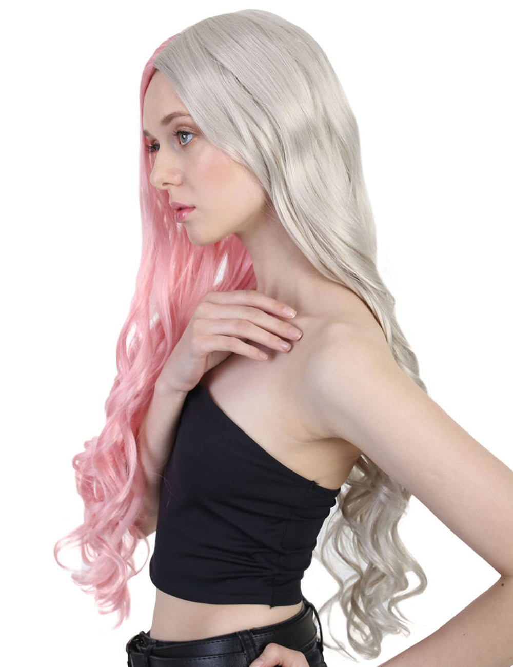 Wigs2you ハロウィンパーティープレミアムレディース H-1464 美しいルックを手に入れよう!長いカーリーハーフライトピンクとブロンドウィッグスタイル