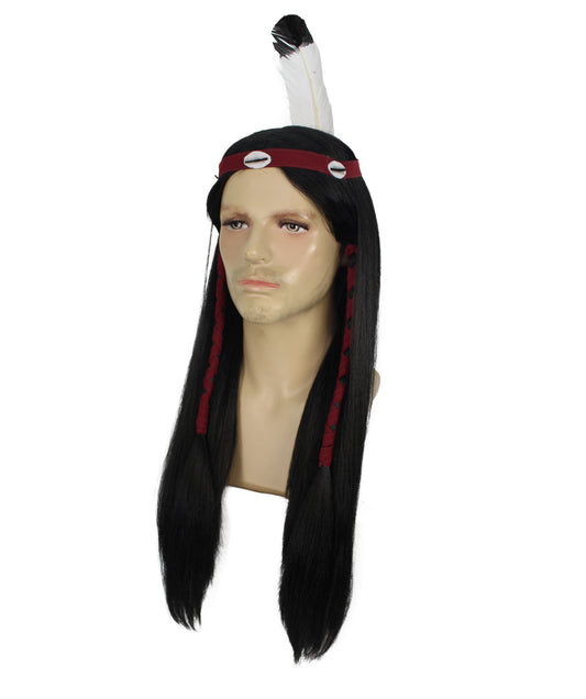 メンズ H-6136 ロング丈 ネイティブアメリカンウィッグ ブラックカラー 通気性 キャップレスキャップ 難燃性合成繊維