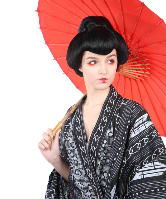 Wigs2you H-2581 日本の芸者ウィッグ レディース 和風着物ボブ アジアの黒カンフーウィッグ | プレミアム通気性キャップレスキャップ